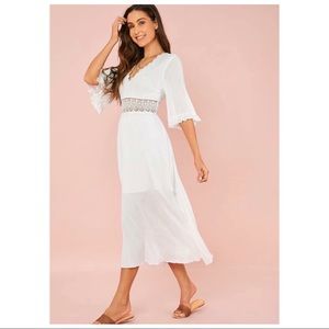 V neck guipure lace detail flare dress